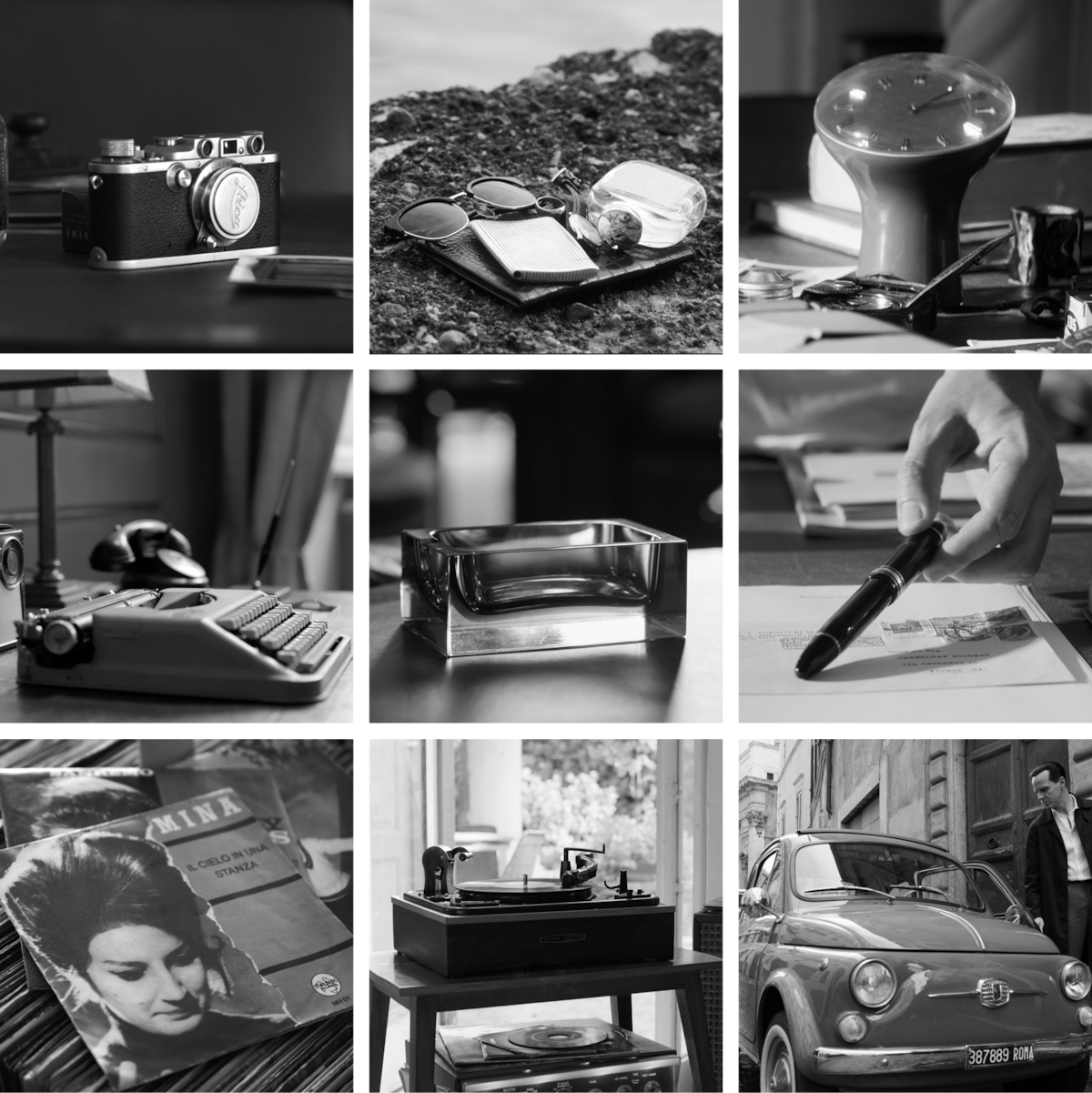 Grid of photos: Leica camera, clock, telephone, typewriter, glass ashtray, sunglasses, perfume bottle, passport, keys: record albums, record player, Fiat.