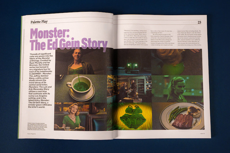 Spread from Tudum Magazine - color green in Monster: The Ed Gein Story