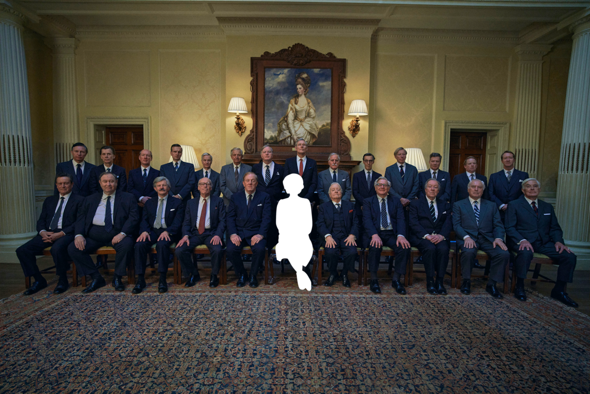 A photo of several men with a blank silhouette of Margaret Thatcher in the center. 