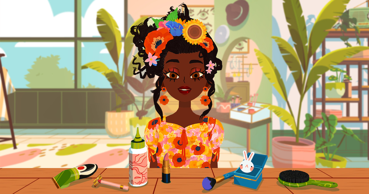 A woman with flowers in her hair sits in a bright, plant-filled room at a table with beauty products, makeup, and a brush. The mood is cheerful and creative, with sunlight streaming through large windows.