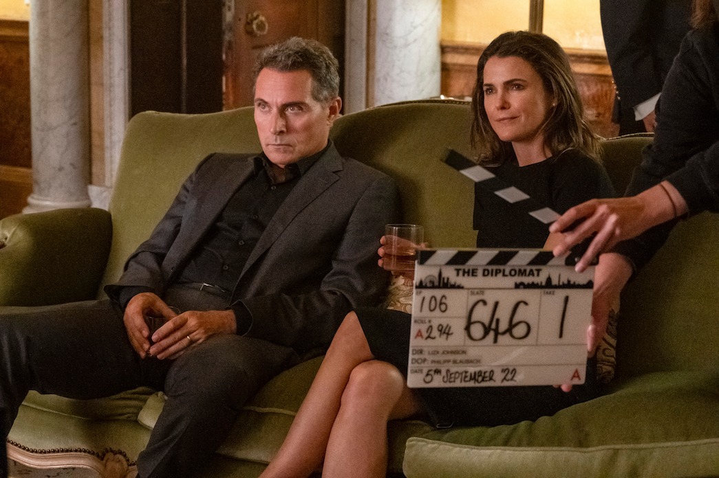 Rufus Sewell as Hal Wyler and Keri Russell as Kate Wyler on set of The Diplomat Season 1.