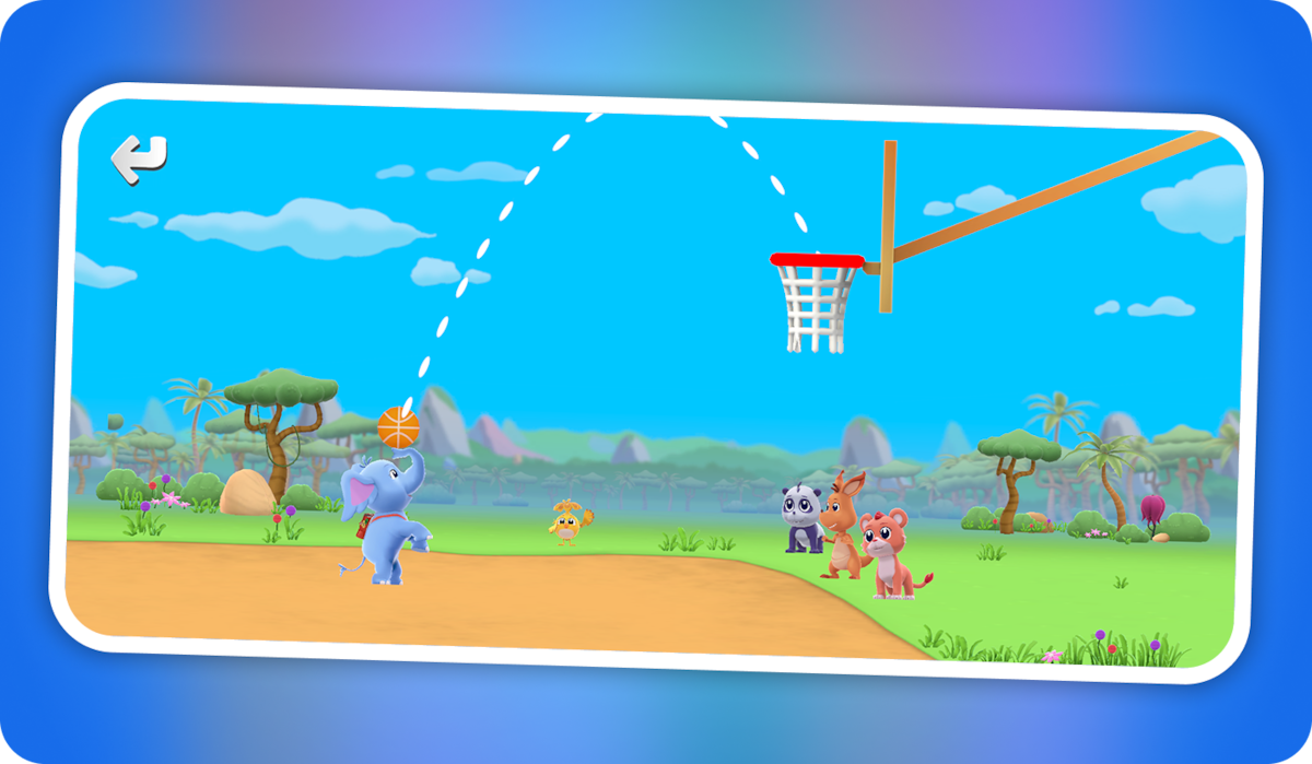 Cartoon elephant plays basketball outdoors with animal friends on grassy field; bright blue sky, trees, and mountains in background. Promotional banner reads “One download, many adventures” in playful font.