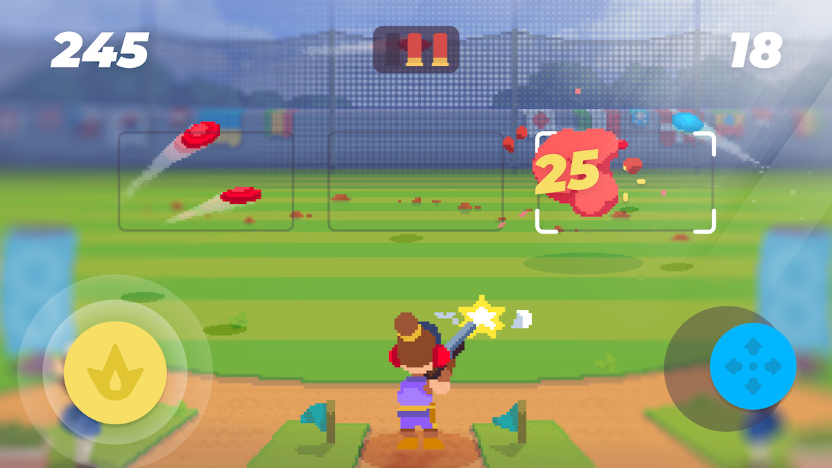 An 8-bit game scene of a player shooting at flying targets on a field. The player aims at red and blue discs, scoring points as they hit, with scores displayed on the screen.