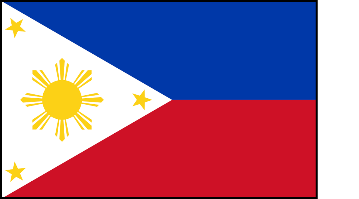 Flag of the Philippines with a blue and red horizontal stripe, a white triangle on the left side containing a golden sun and three stars.