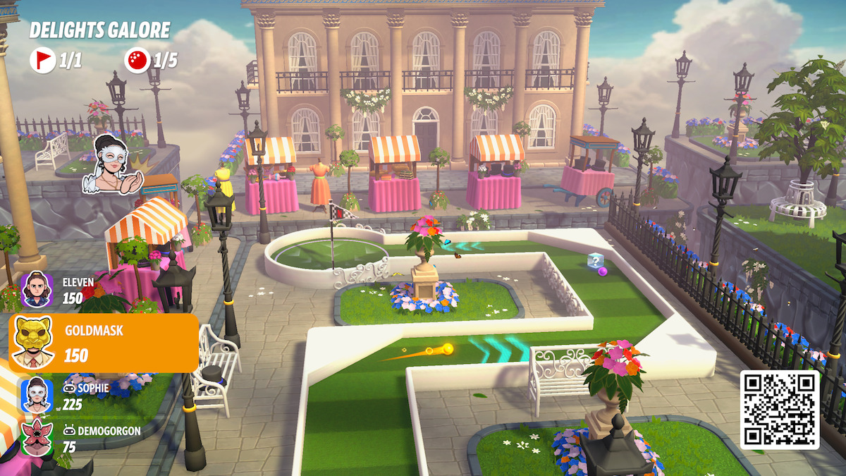 Colorful mini-golf video game scene with multiple players, whimsical gardens, street lamps, flowerbeds, striped vendor stalls, and a grand building backdrop in daylight; player scores visible on left.