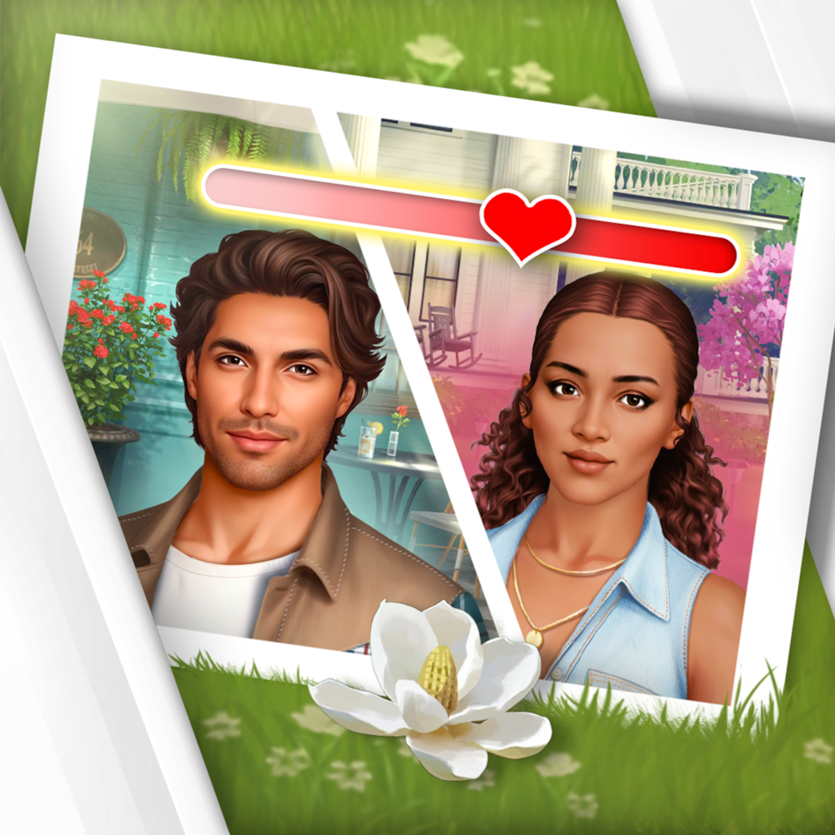 An app icon from the mobile game ‘Netflix Stories: Sweet Magnolias’, featuring a photograph of a male and female, with a love heart meter between them.