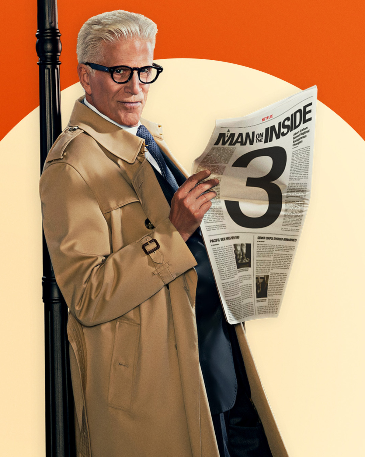 Older man in a tan trench coat and glasses stands by a streetlamp, holding a newspaper reading "MAN ON THE INSIDE 3," set against a bold orange and cream background, giving a detective or spy theme.