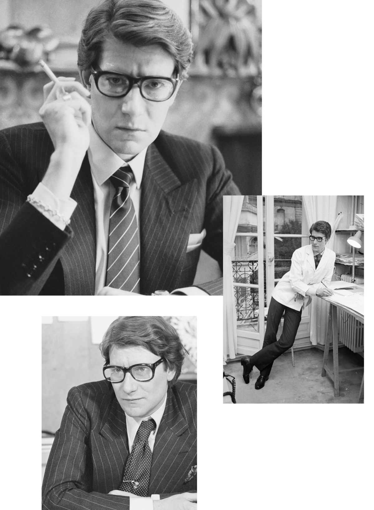 A well-dressed man with glasses in a professional indoor setting, appearing thoughtful and creative, shown in three black-and-white portraits with a sophisticated and contemplative mood.
