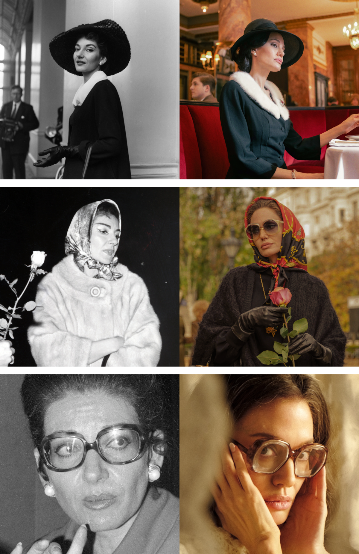 On the left column are photos of Maria Callas in a variety of poses and outfits. On the right hand side, are comparable photos of Angelina Jolie as Maria Callas weaing similar clothing, glasses and hats.