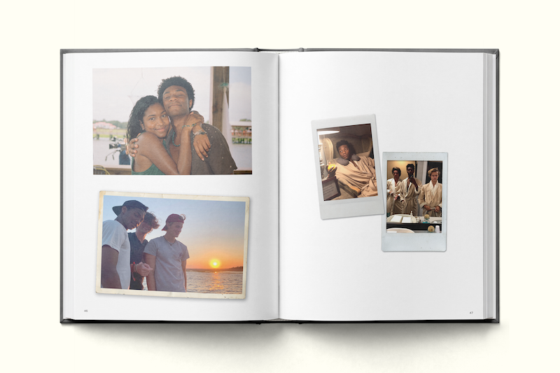 Open photo album showing candid photos of friends: one of a couple embracing outdoors, one of three people at sunset, one of a person relaxing indoors, and one of three friends in robes in a bathroom setting.