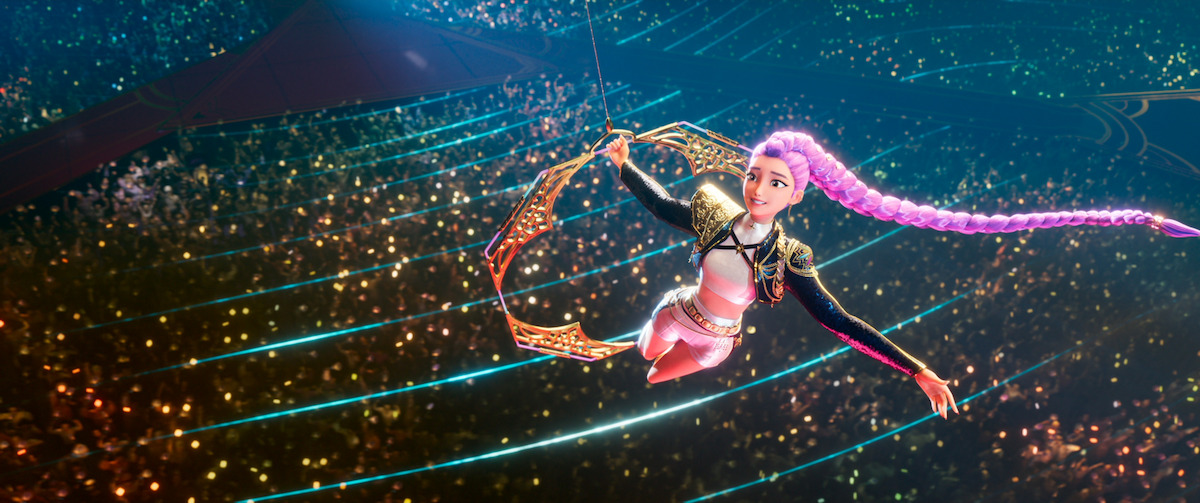 Rumi soaring over the crowd at a concert in a golden ring.