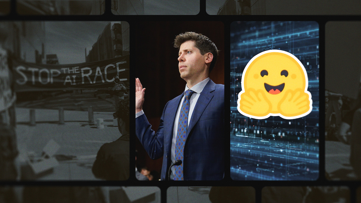 A man in a suit raising his right hand in a formal setting, next to a smiling emoji with open arms on a digital background, with protest signs visible in the surrounding collage.