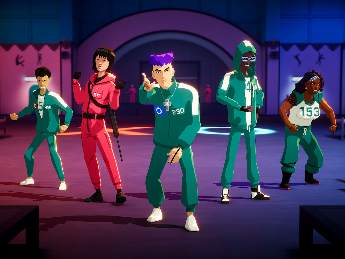 An in-game screenshot from ‘Squid Game: Unleashed,’ featuring a male game character standing on a podium