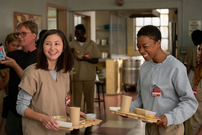(L to R) Kimiko Glenn as Brook, Samira Wiley as Poussey on the set of Orange Is The New Black Season 4.