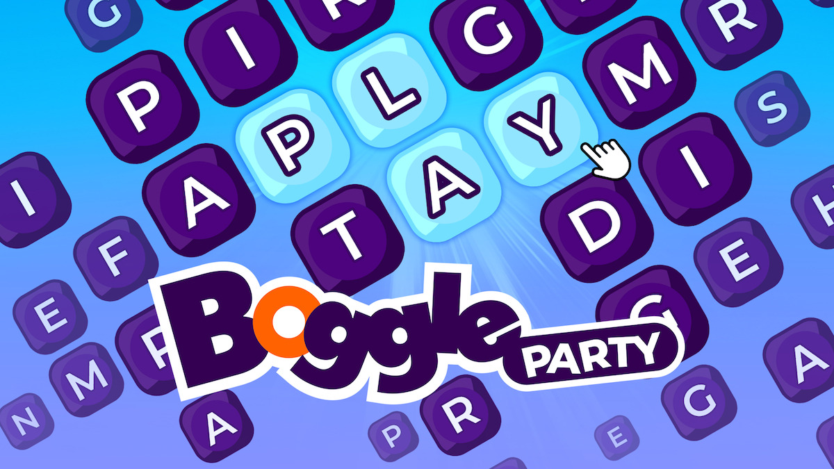 Colorful digital image of the Boggle Party game, with lettered tiles scattered across a blue background, a pointer hand selecting tiles, and a playful, energetic mood.