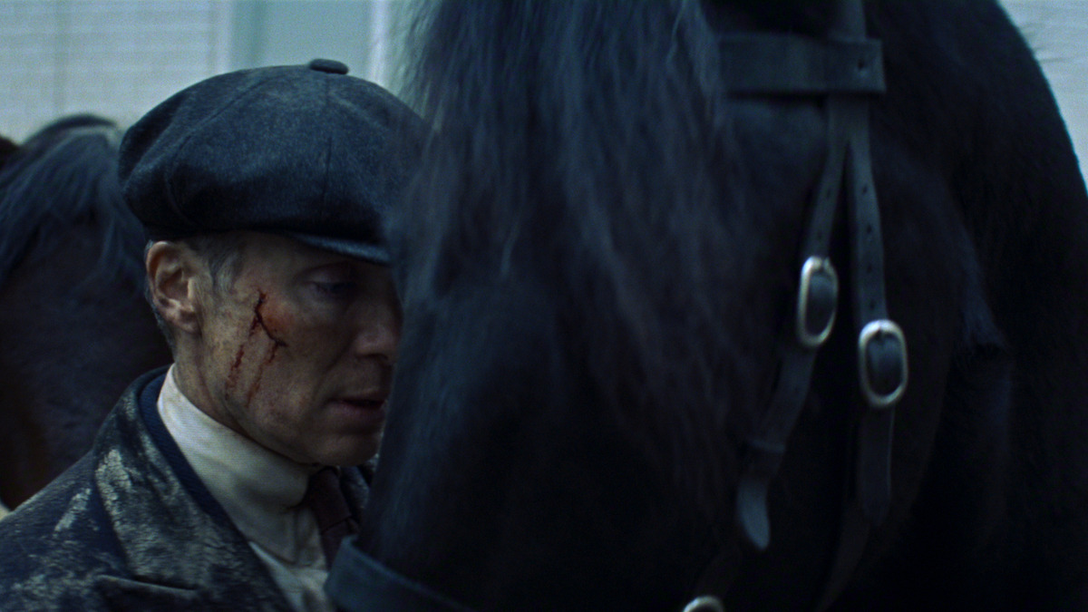 Man with a bloodied face wearing a cap stands closely beside a black horse in an outdoor setting, with stable-like structures in the background.