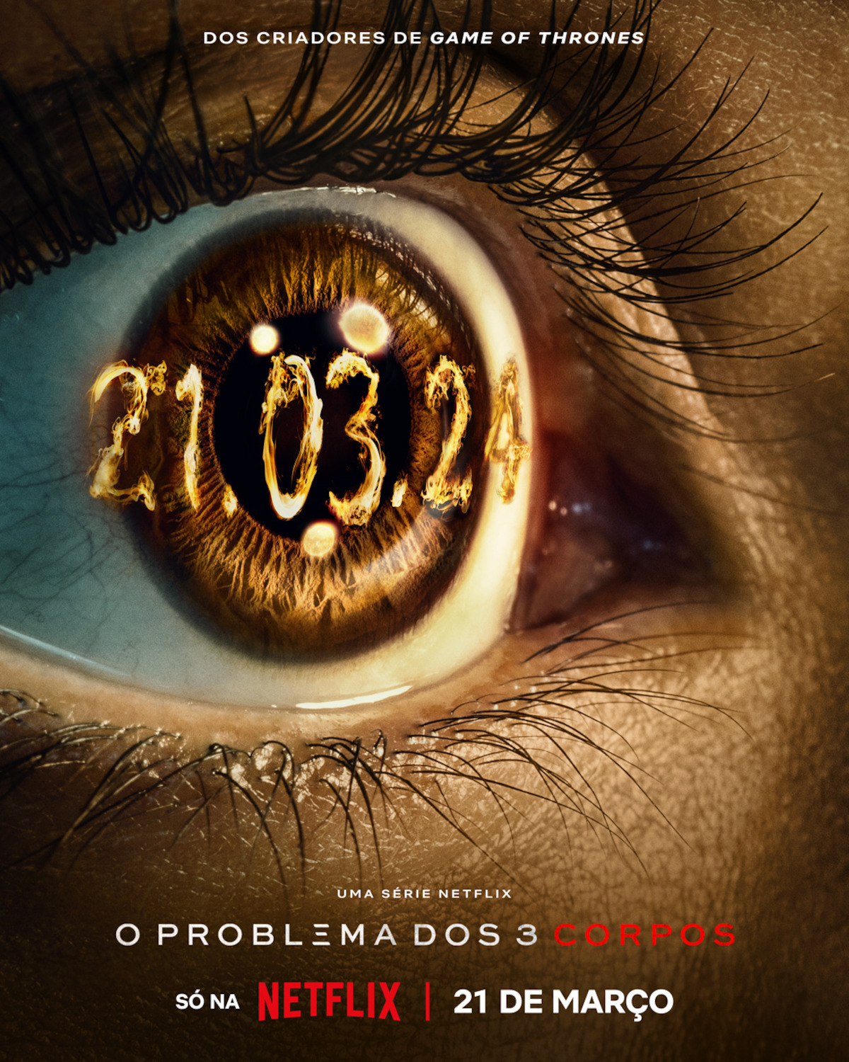 Arte principal da temporada 1 de “O Problema dos 3 Corpos” com um olho em evidência.