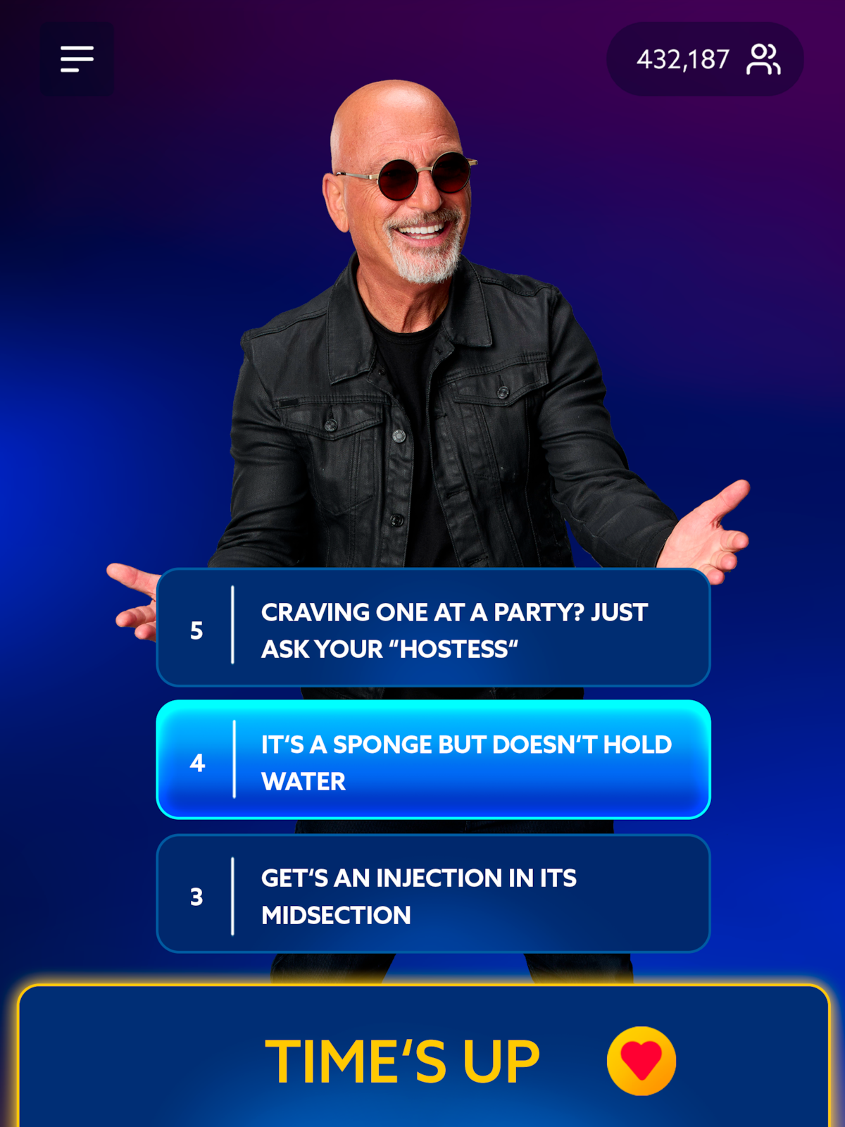 Host Howie Mandel presenting multiple choice quiz questions.