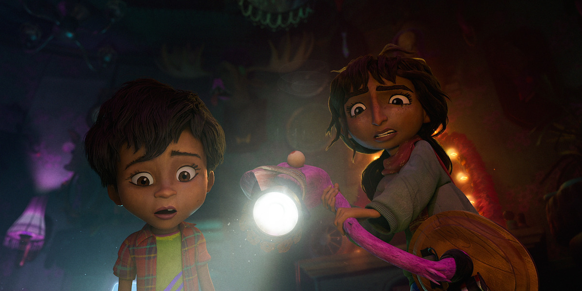 Bubsy looks shocked as Beesha holds a flashlight in an image from ‘The Twits.’