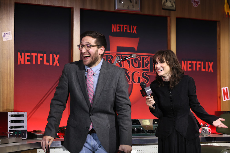 Josh Horowitz and Winona Ryder laugh at the 'Stranger Things 5' World Premiere.
