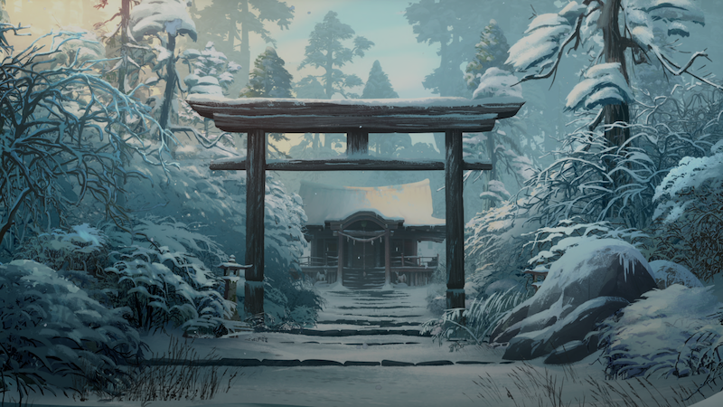 Snowy winter scene in Japan with a castle in background.