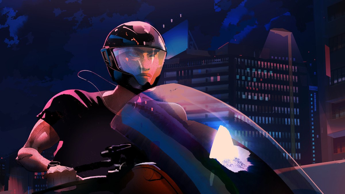 Ken Sato ride a motorcycle, lit by pink and blue light.