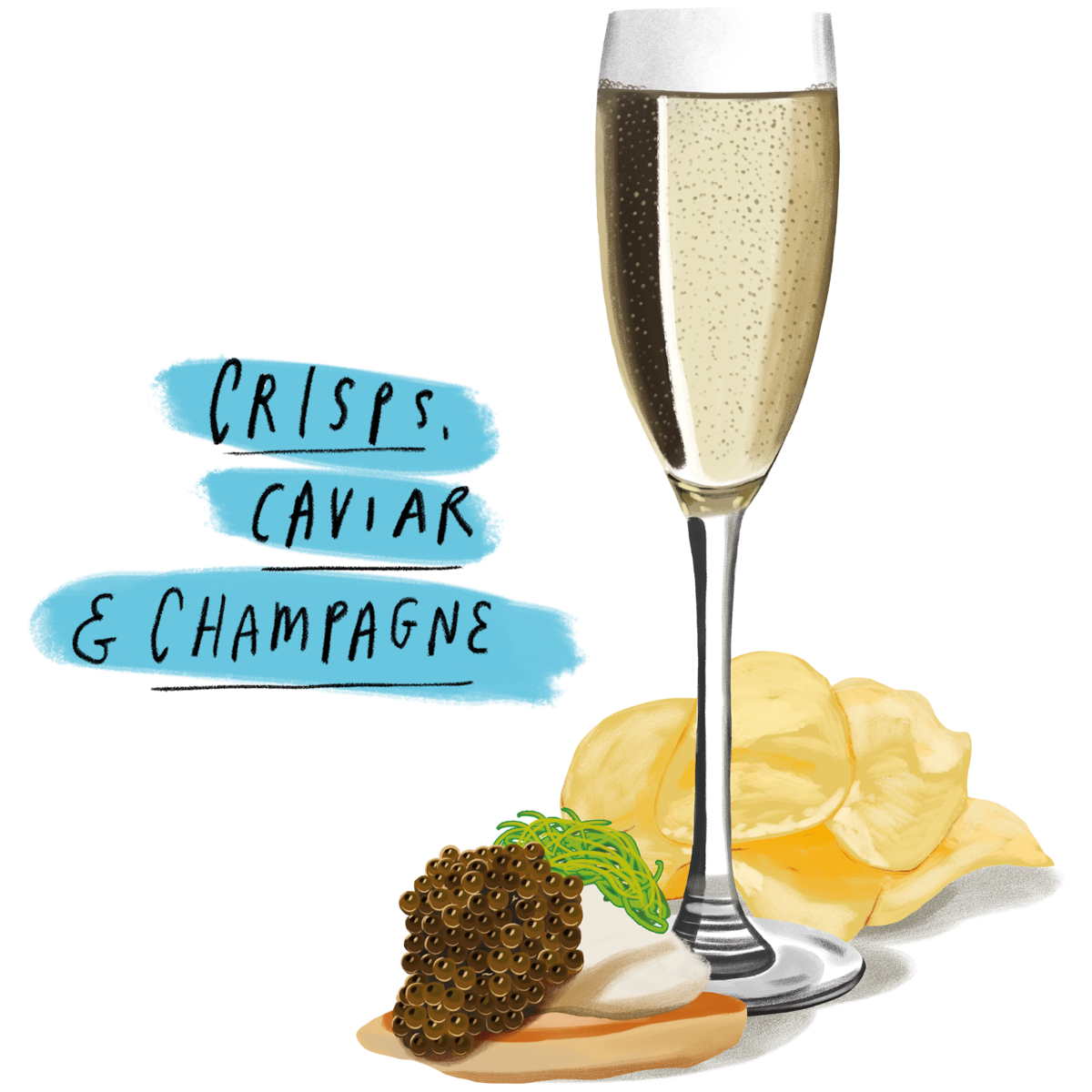 Illustration of crisps, caviar and champagne