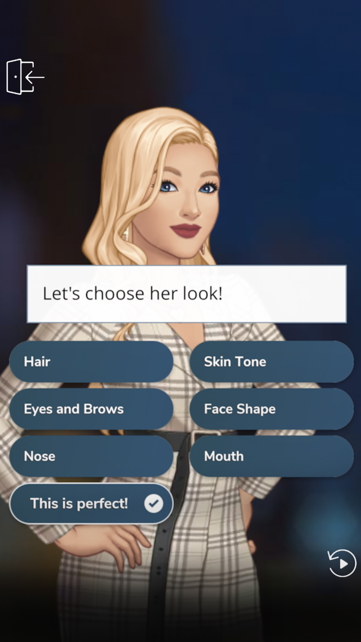 An in-game screenshot from the mobile game ‘Secrets by Episode,’ featuring a woman with facial customization settings. There is a text bubble that reads: “Let’s choose her look!,” with options to customize hair, skin tone, eyebrows, face shape, nose, and mouth.