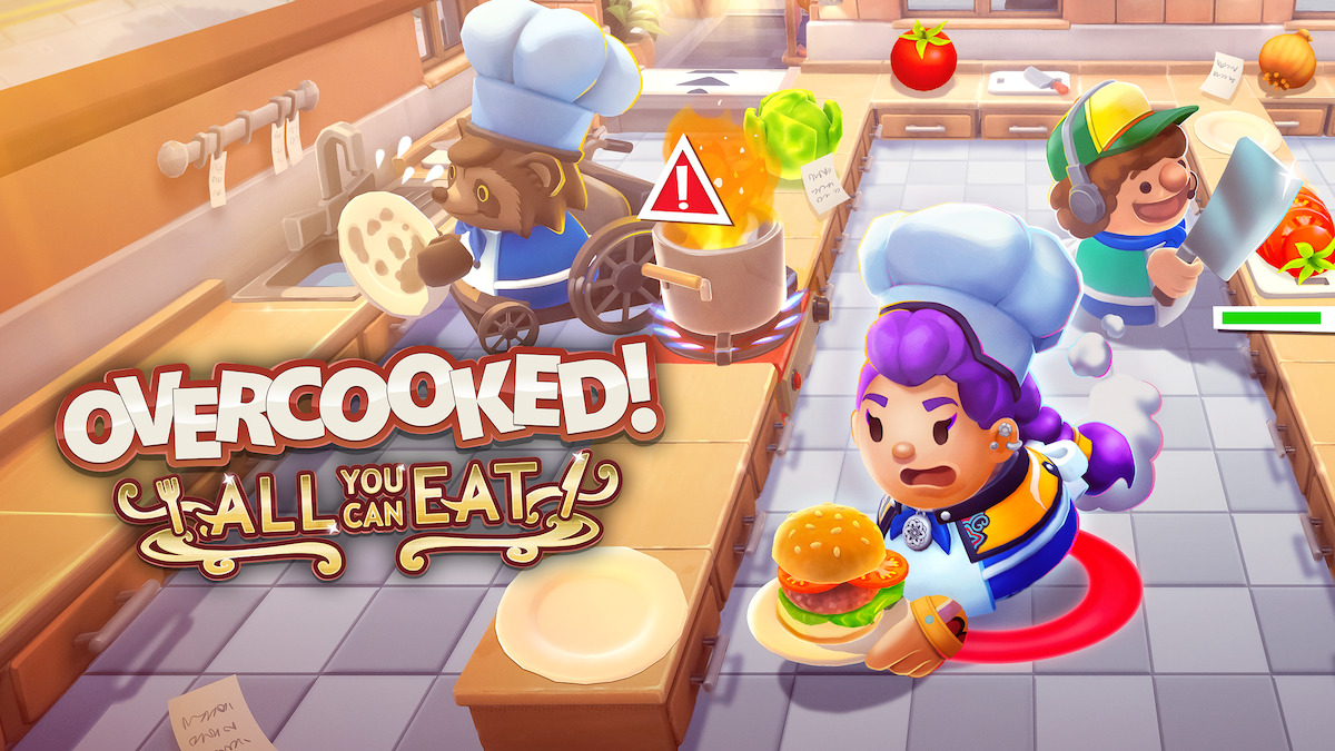 Cartoon chefs in a busy kitchen, one in a wheelchair, preparing food with fire and ingredients around. Overcooked! All You Can Eat game logo is displayed in the center.