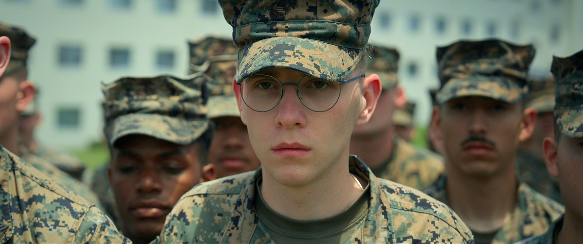 A marine stares ahead.