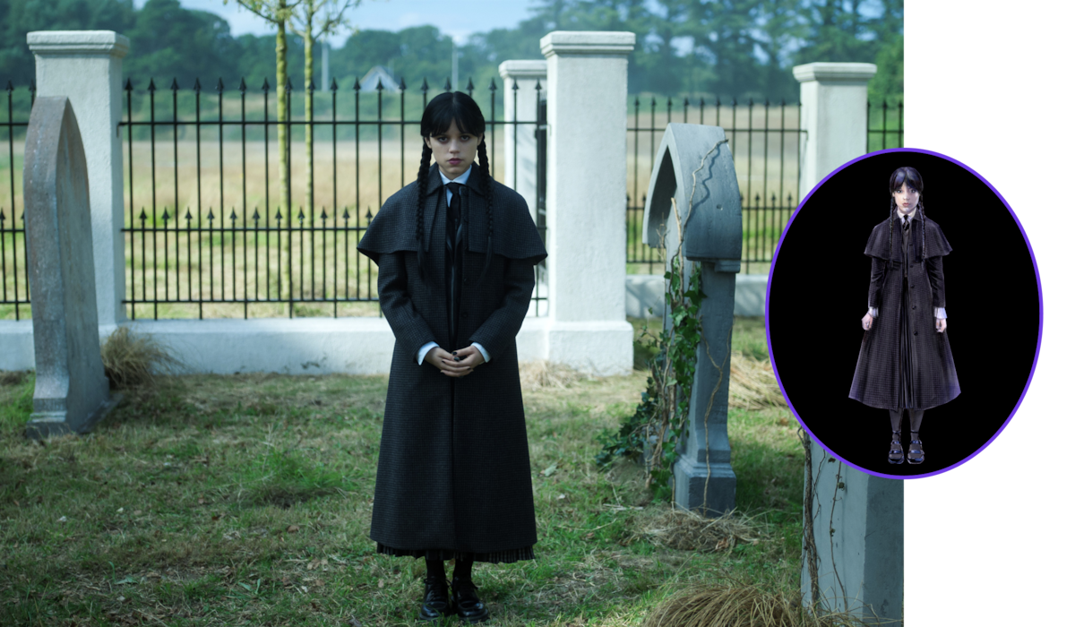Jenna Ortega as Wednesday Addams wearing a black detective coat standing in a graveyard in ‘Wednesday’ Season 2.