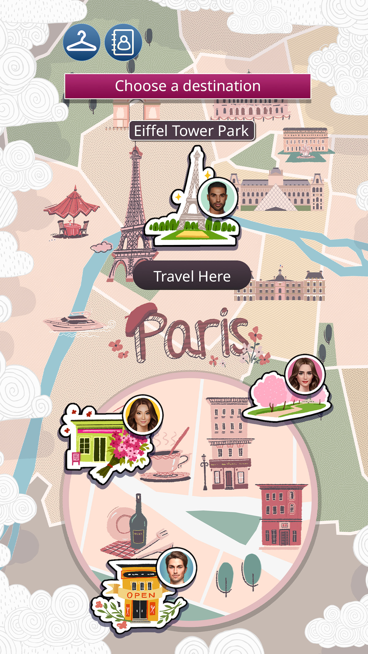 In-game screenshot of an illustrative map of Paris, with the text heading “Choose a destination” and “Eiffel Tower Park” written below, with the text prompt “Travel Here”.