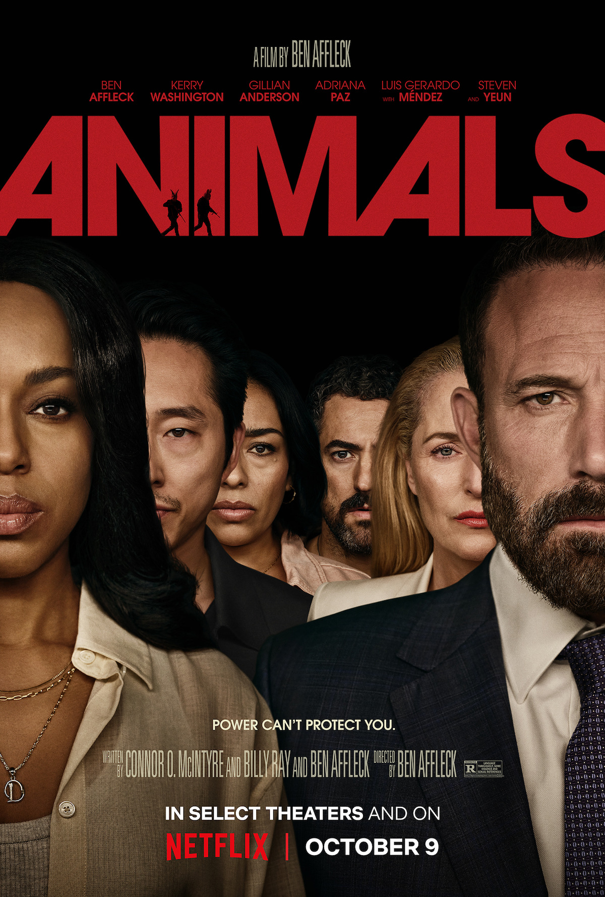 Movie poster for "Animals" shows six serious adults in business attire on a black background, with bold red title text and release date. Names of actors and Netflix logo also appear. Dramatic, tense atmosphere.