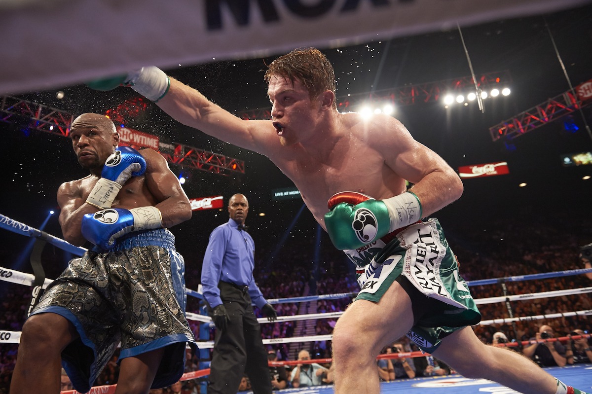Canelo Alvarez in action vs Floyd Mayweather Jr. during bout at MGM Grand Garden Arena. Las Vegas, NV September 14, 2013.