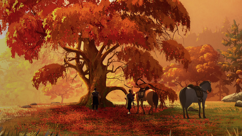 Autumn scene with a large tree with orange leaves.