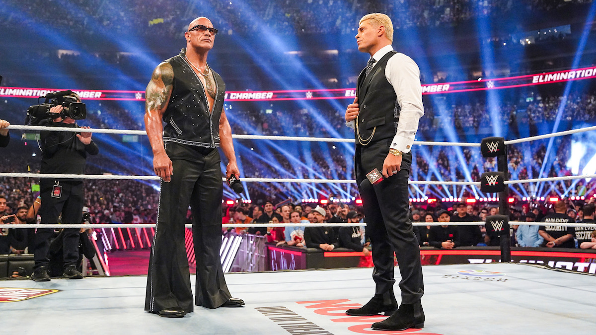 The Rock and Cody Rhodes at the 2025 Elimination Chamber.