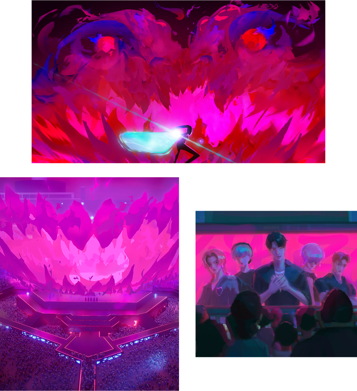 A dynamic digital scene featuring a glowing fighter facing a fiery beast, a stadium filled with a crowd and a vibrant stage, and a group of performers or competitors in colorful lighting.