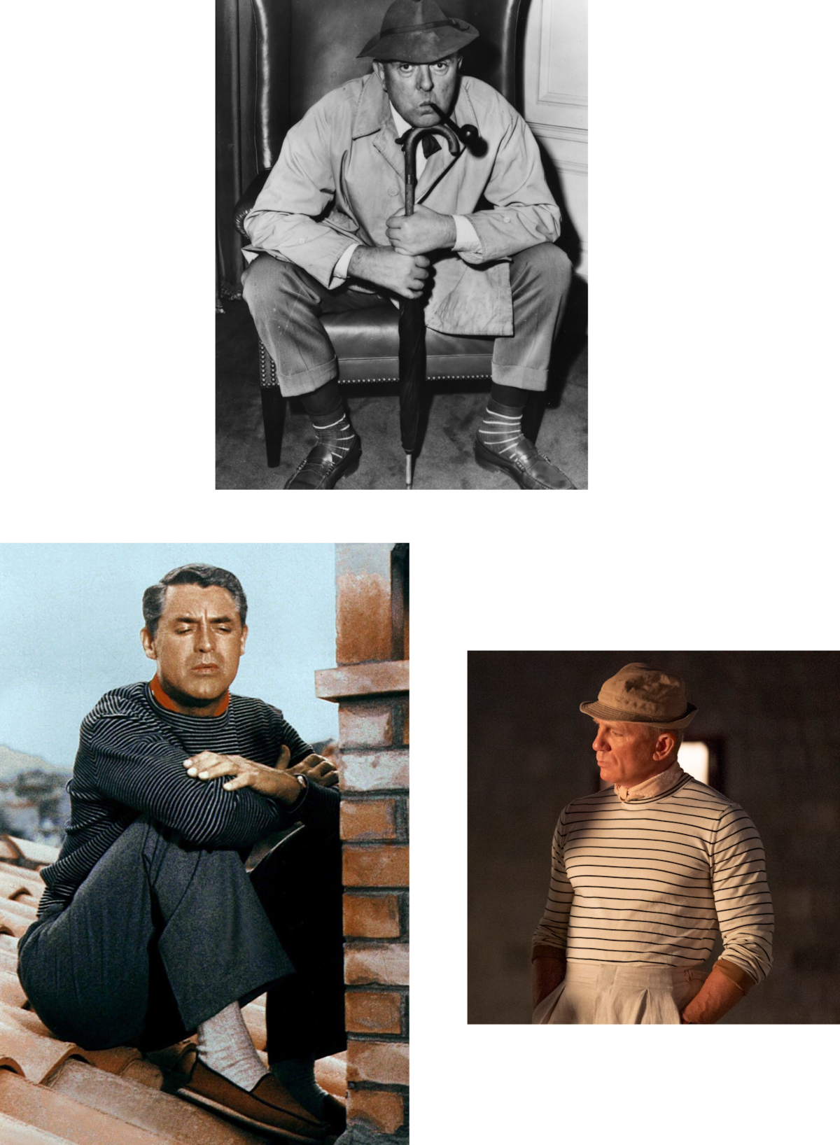 Three men in hats and casual attire: one seated indoors with an umbrella in black-and-white, one seated outdoors on a rooftop, and one standing in a striped shirt against a stone wall. The mood is contemplative and relaxed.