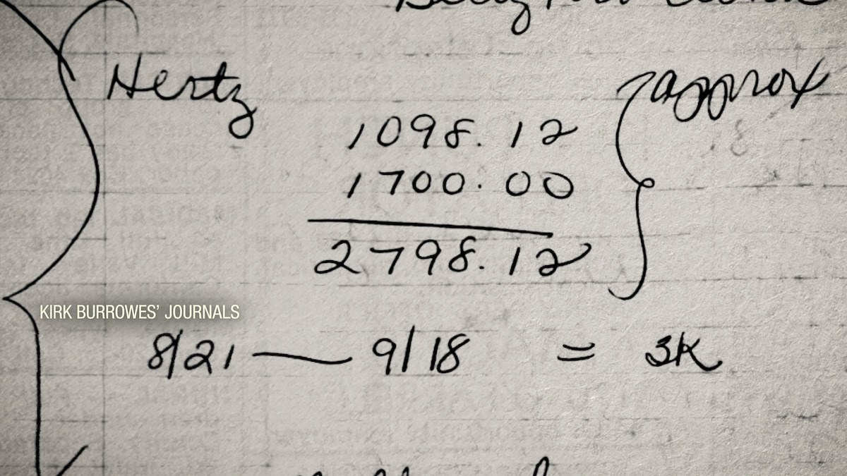 Handwritten journal page with mathematical calculations, formulas, and notes titled "KIRK BURROWES' JOURNALS," on textured paper, giving an academic and contemplative mood.