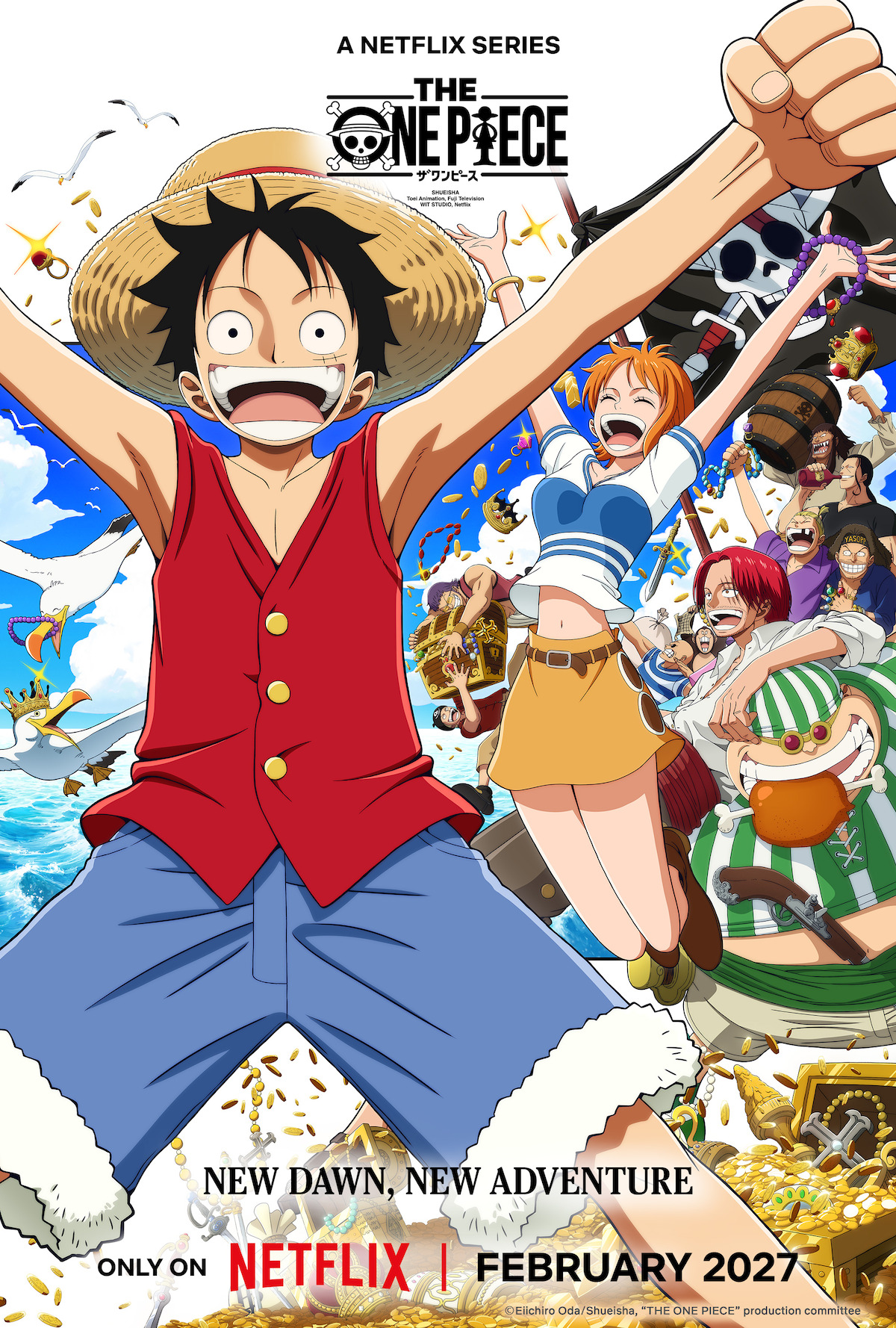 Anime poster for One Piece on Netflix featuring Luffy and his crew celebrating on a sunny ship with festive confetti, large pirate flag, and tagline "New Dawn, New Adventure" with February 2027 release date.