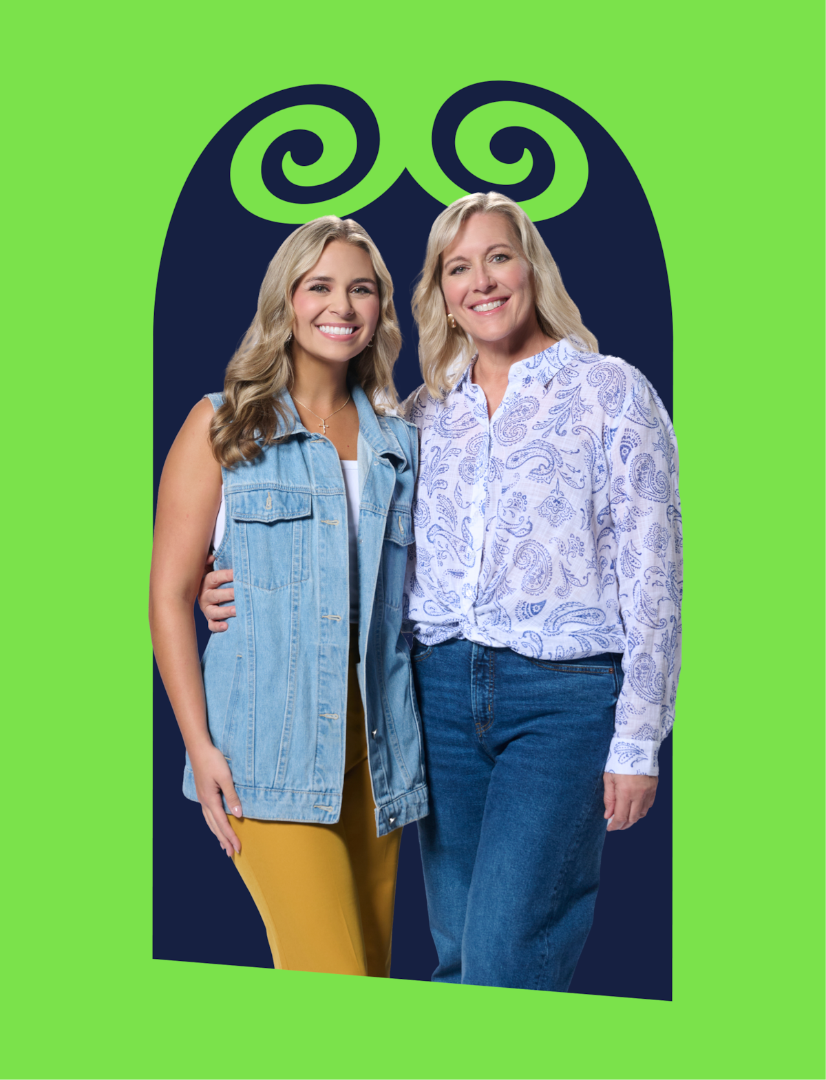 Two smiling women stand together; one wears a denim vest and yellow pants, the other a white paisley shirt and jeans. They are in front of a navy arch with green spirals, set against a bright green background.