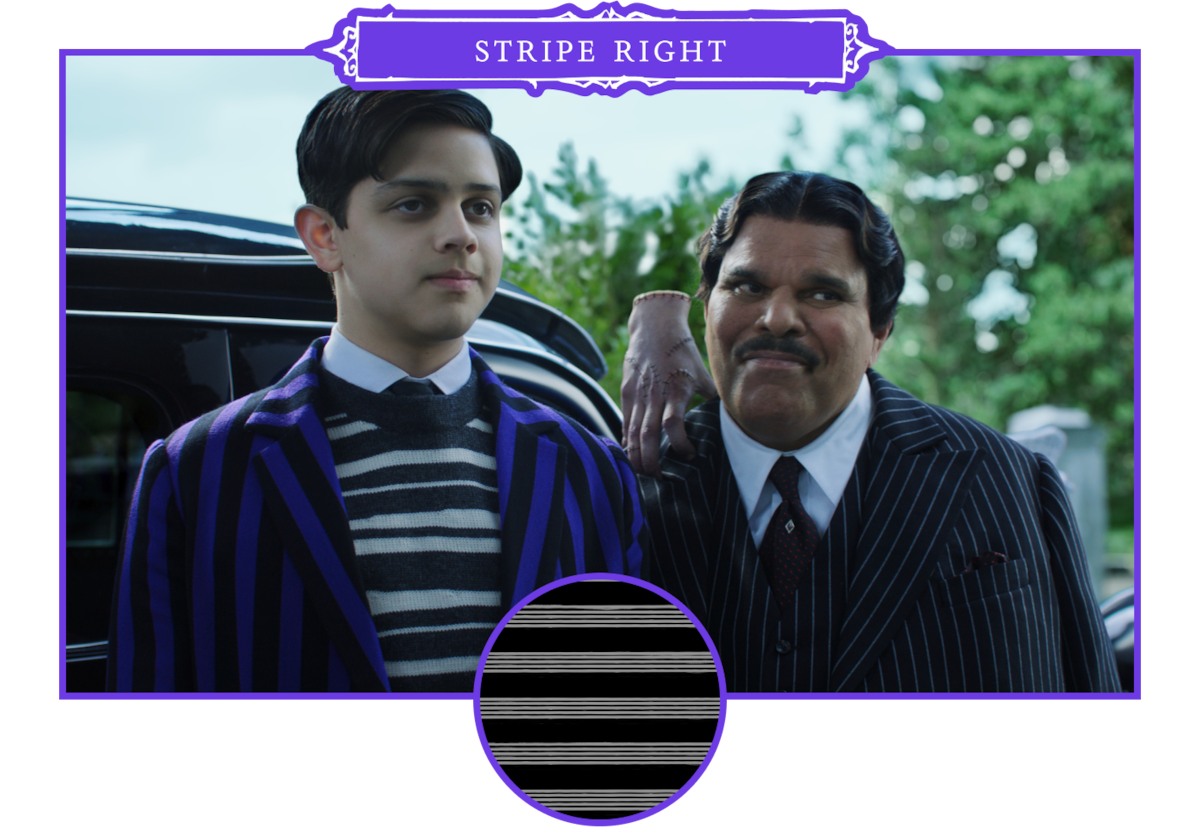 Isaac Ordonez as Pugsley Addams, Thing, (Victor Dorobantu), and Luis Guzmán as Gomez Addams in ‘Wednesday’ Season 2.