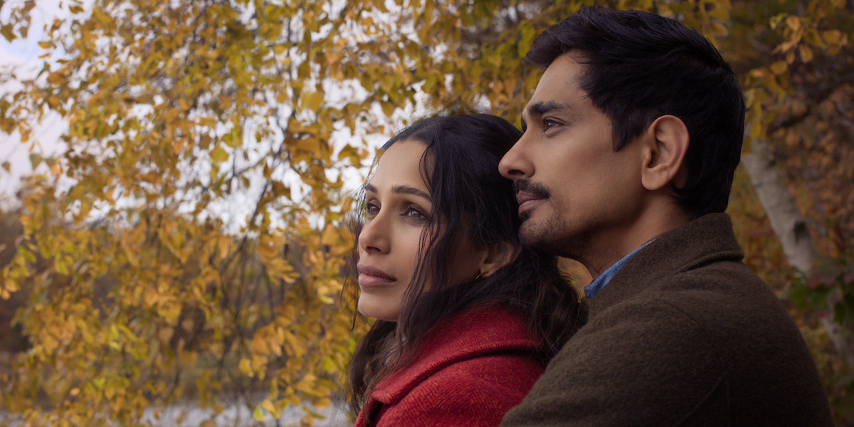 A couple stands close together outdoors, looking thoughtfully into the distance surrounded by autumn trees with yellow leaves, suggesting a peaceful or contemplative moment in a natural setting.