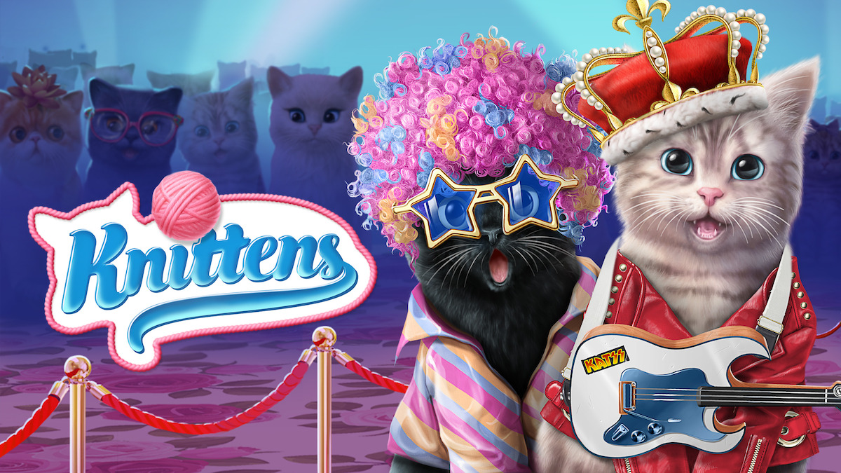 Knittens key art - a pair of dapper kittens, one wearing a rainbow colored wig and star-shaped sunglasses and another wearing a crown with a guitar around its neck.