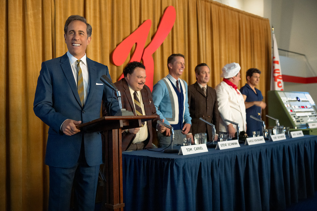 Jerry Seinfeld as Bob Cabana, Adrian Martinez as Tom Carvel, Jack McBrayer as Steve Schwinn, Thomas Lennon as Harold Von Braunhut, Bobby Moynihan as Chef Boyardee, and James Marsden as Jack LaLanne in ‘Unfrosted.’