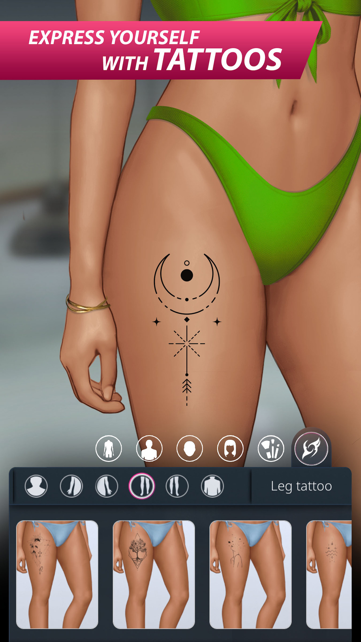 We see a female game character’s thigh with several options for varying tattoos and placements. At the top of the image reads the text, “Express yourself with tattoos.”