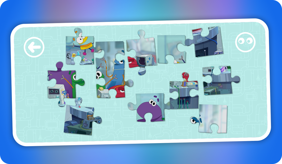 Unfinished cartoon jigsaw puzzle on a light blue background, featuring colorful animated characters and robotic elements in a digital game interface with rounded corners and soft gradients.