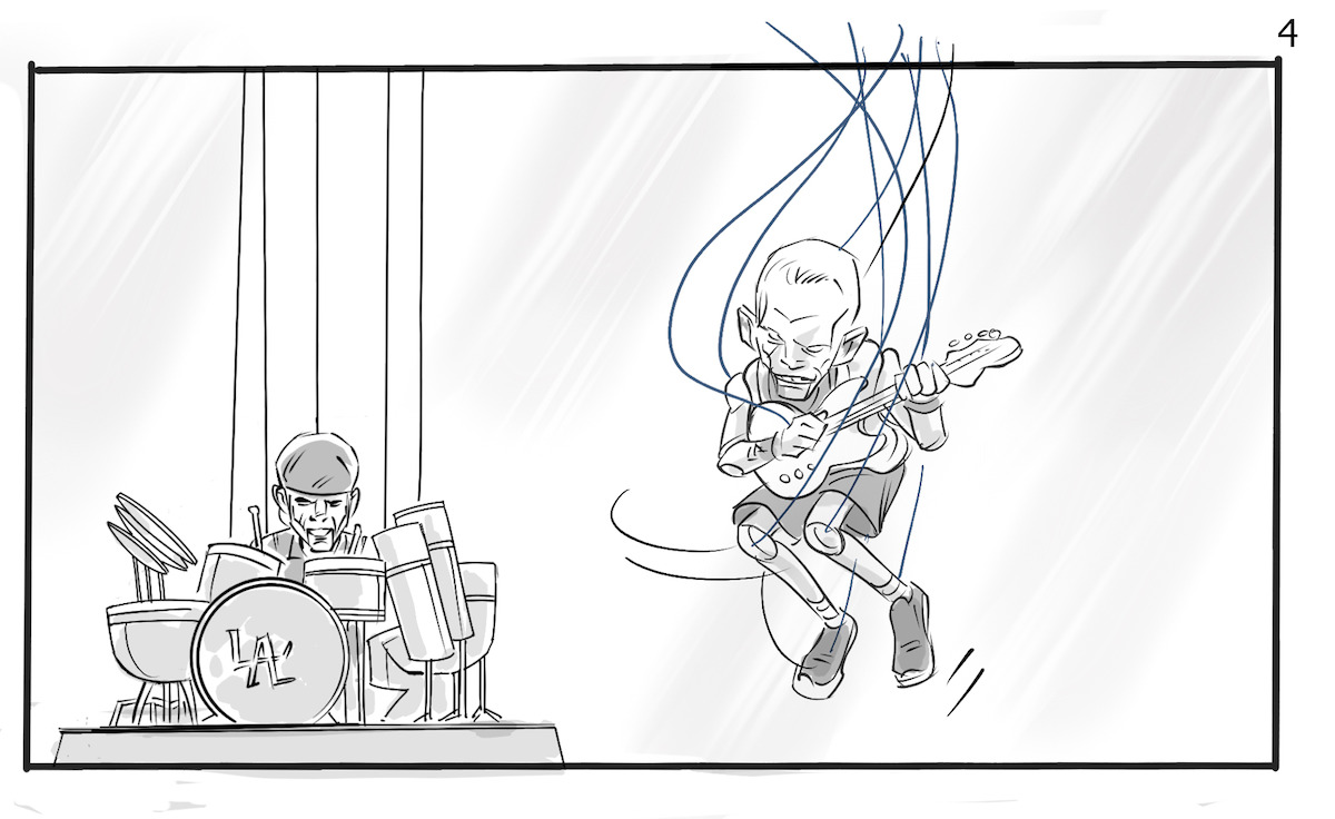 Storyboard sketch of the puppet versions of Anthony Kiedis, Flea, and Chad Smith playing their instruments on stage.