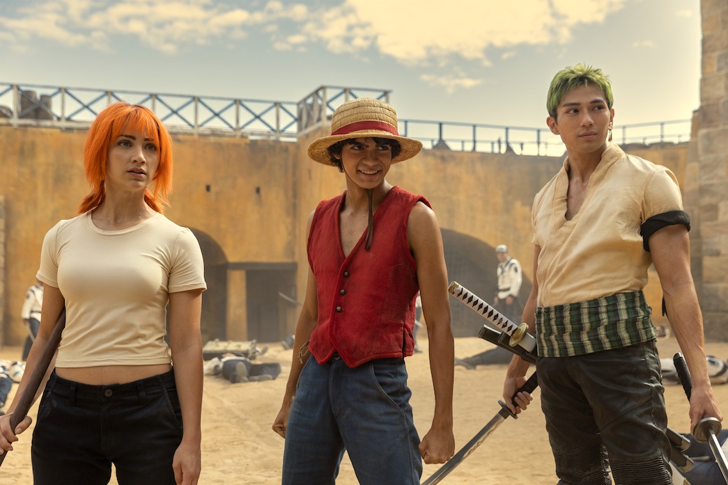 (L to R) Emily Rudd as Nami, Iñaki Godoy as Monkey D. Luffy, Mackenyu Arata as Roronoa Zoro in season 1 of One Piece.