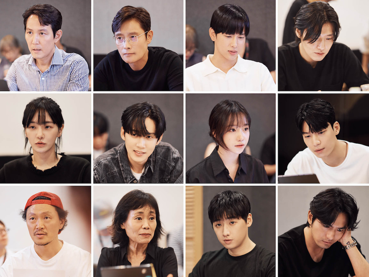 A grid of images showing the cast of Season 2 of ‘Squid Game’ at the first table read for the new season.